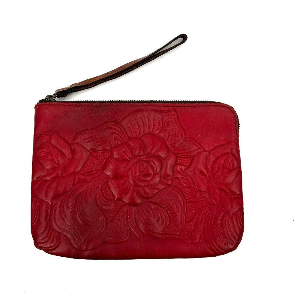 PATRICIA NASH Red Floral Rose Embossed Tooled Leather Clutch Wristlet Bag Purse